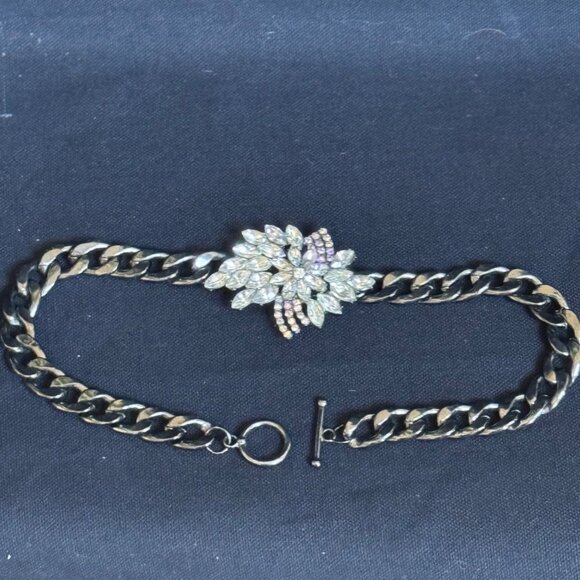 Vintage Black-Tone Chain Link Statement Necklace Clear Rhinestones Chain Length - Picture 6 of 8